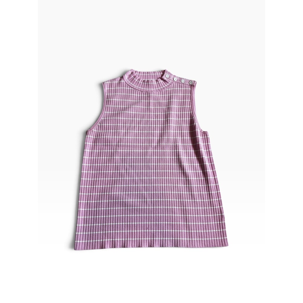 Talbots Sleeveless Sweater Large Pink Striped Mock Neck Button Shoulder Preppy